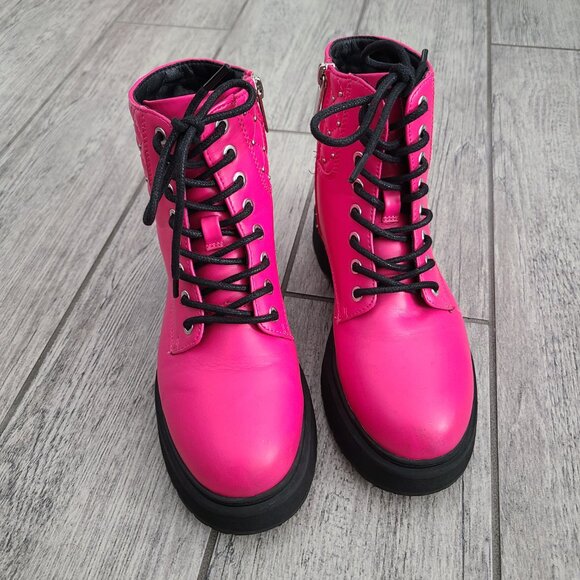 Sonoma Girls Hot Pink Combat Boots Lace Up Zipper Size 3 - Picture 4 of 13